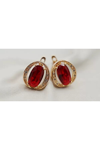 XUPING JEWELRY Round earrings with red zirconia stone plated with 18k gold