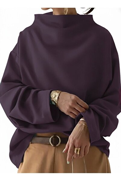 JANES Women's Long Sleeve Wide Turtleneck Modal Plum Blouse