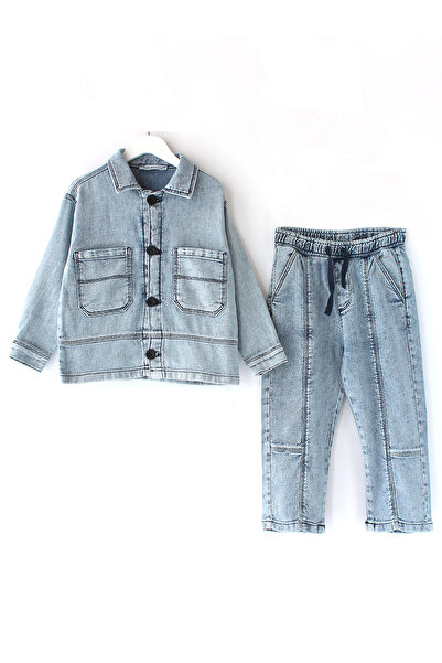 DobaKids Baby Boy Denim Shirt Pants Bottom Top Set Blue Color Baby Jeans Shirt Set