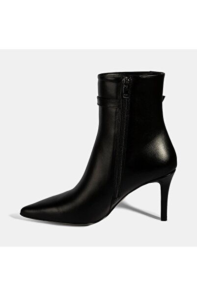 Desa Women's Black Metal Buckle Thin Heeled Leather Boots