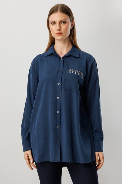 Ekol Cebi Taş İşlemeli Büyük Beden Gömlek