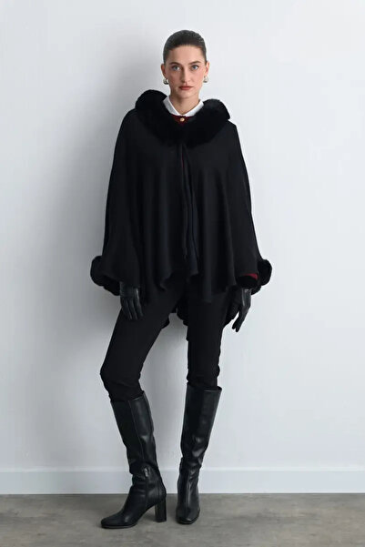 Gusto Wool Knit Cape with Faux Fur Detail - Black