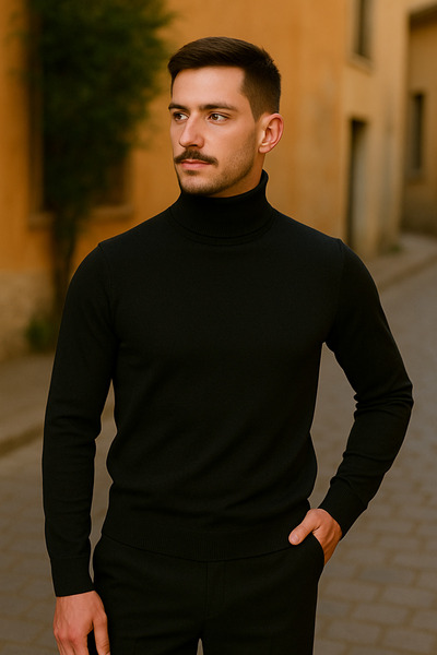 Maccali Men's Winter Trend Full Fisherman Black Turtleneck Sweater