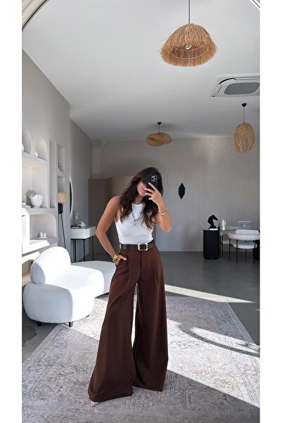 Buket Teke Brown Belted Loose Fabric Trousers