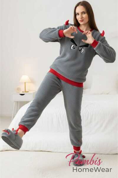 PEMBİŞ HOMEWEAR Gri Boğa Sessiz Taban Panduf Peluş Ev Ayakkabısı