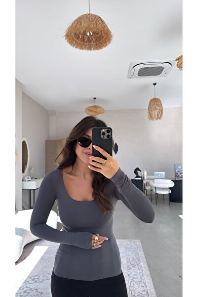 Buket Teke Anthracite Square Neck Polyamide Blouse