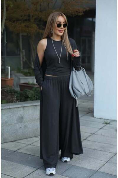 QİMYA BUTİK Buketli̇ Women's Wide Leg Pants with Sleeveless Blouse and Long Sleeve Long Cardigan Strawberry Knitwear 3-Piece Set