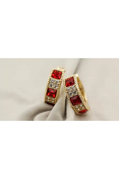 XUPING JEWELRY Round earrings with white and red zirconia stones, 18k gold plated