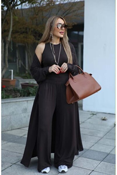 QİMYA BUTİK Buketli̇ Women's Wide Leg Pants with Sleeveless Blouse and Long Sleeve Long Cardigan Strawberry Knitwear 3-Piece Set