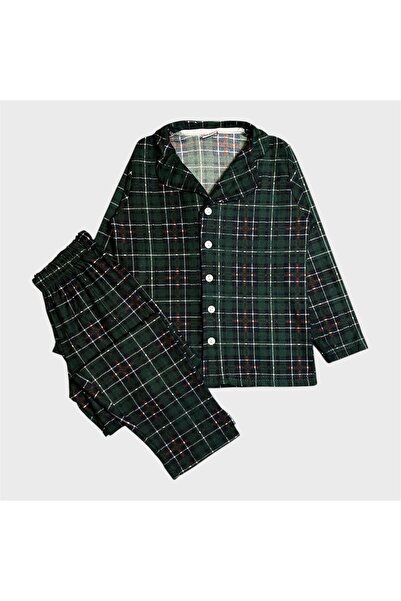 ALİŞ KİDS Boys' Cotton Suede Fabric Green Plaid Pattern Shirt Collar Buttoned Long Sleeve Pajama Set