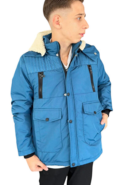 İrem Çocuk Giyim Boy's Blue Coat with Zipper Pockets, Zipper Closure, Plush L...