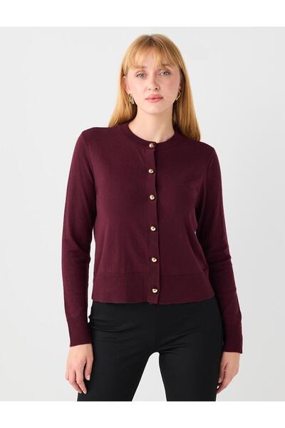 Jimmy Key Burgundy Shiny Button Detailed Round Neck Knitwear Cardigan