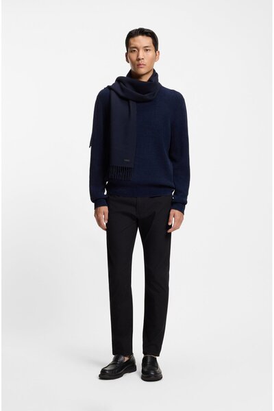 BOSS Men's Soft Wool Fabric Ends Tasseled Logo Patched Navy Blue Shawl & Scarf & Foulard 50517218-404