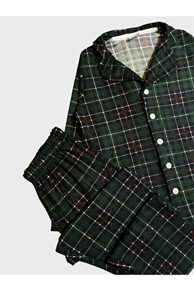 tusem butik homewear Boys' Cotton Suede Fabric Green Plaid Pattern Long Sleeve Shirt Collar Buttoned Pajama Set