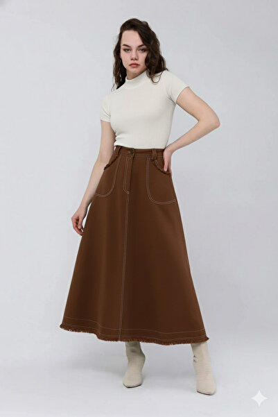 Atölye Güven Brown Tasseled 100% Cotton Special Design Long Bell Skirt
