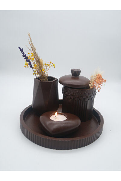 ATEŞLER HEDİYELİK kahverengi dekoratif vazo ve mumluk set