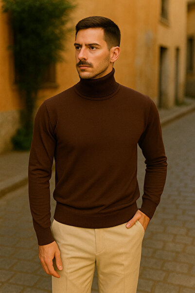 Maccali Men's Winter Trend Basic Brown High Neck Knit Sweater