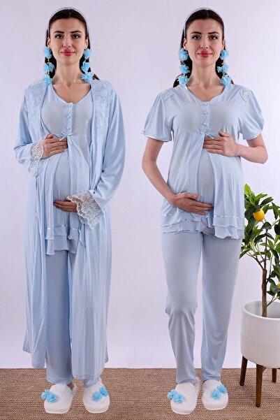 ByLohusa Effortt Maternity Maternity Pajama Set with Blue Dressing Gown