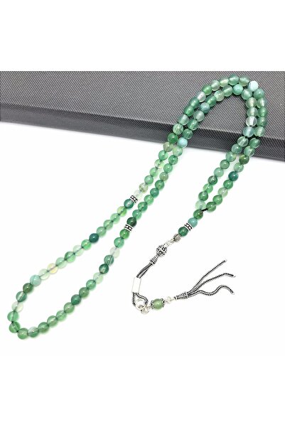 KANUNİ TESBİH Rozariu din piatră de agat verde original cu design din argint ...