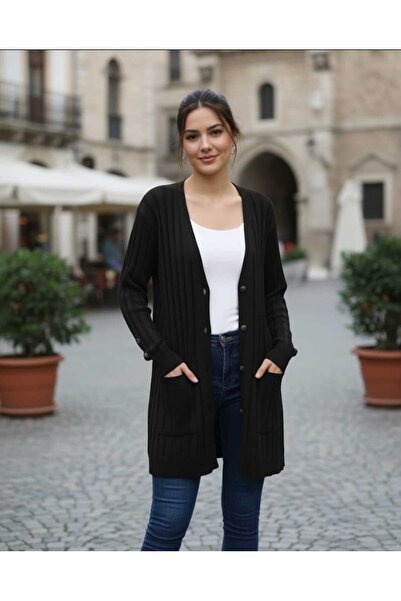 güncüoğlu Long Sleeve Pocketed Length 75cm Buttoned Cardigan