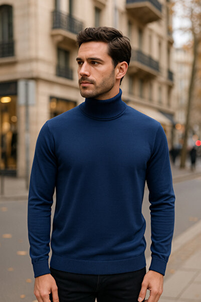 Maccali Men's Winter Trend Basic Blue Turtleneck Knit Sweater
