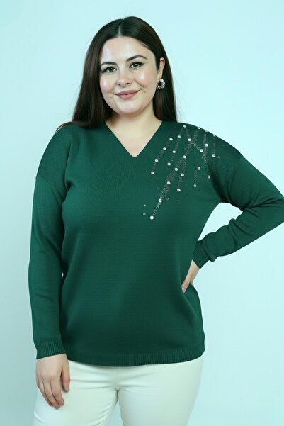 By Saygı Women's V-Neck Plus Size Rhinestone Knit Blouse