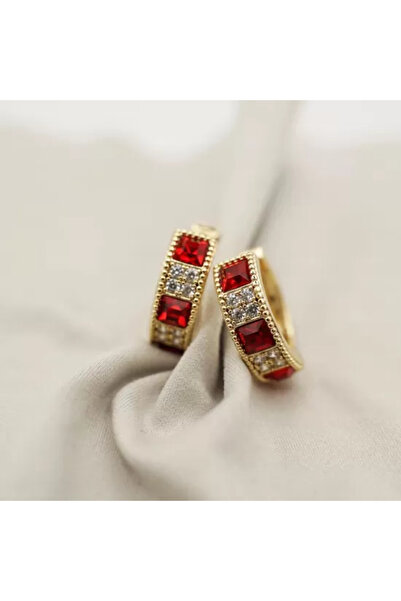 XUPING JEWELRY Round earrings with white and red zirconia stones, 18k gold plated