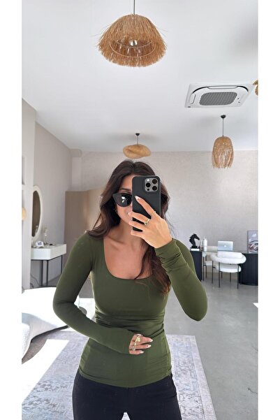 Buket Teke Khaki Square Neck Polyamide Blouse