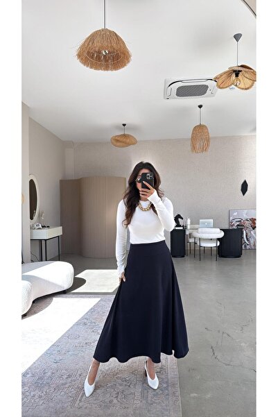 Buket Teke Navy Blue Diagonal Fabric Bell Skirt