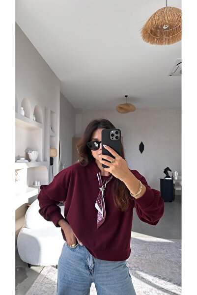 Buket Teke Burgundy Ribbed Knit Scarf Sweatshirt