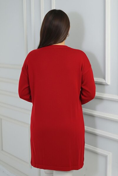 By Saygı Women's Front Single Pocket Stone Print Detailed Plus Size Knitweartunic Blouse