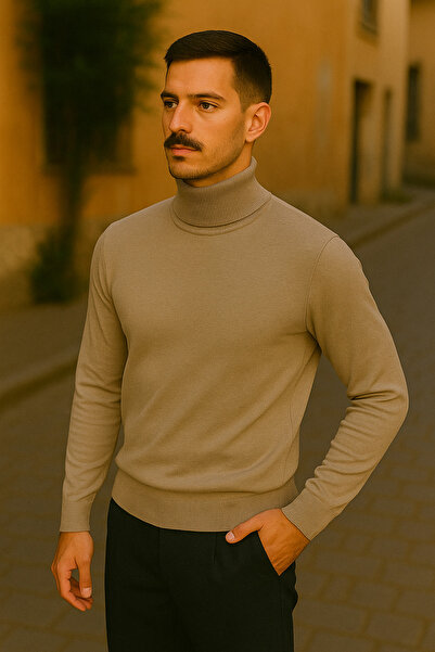 Maccali Men's Winter Trend Basic Beige Turtleneck Knit Sweater
