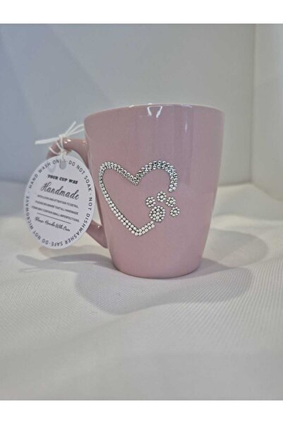OEM Pink mug with heart and puppy hand decorated with crystals 150 ml