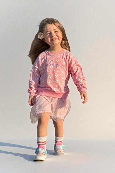 morbella Girl's Love Written Floral Pattern Dress - Powder Pink / Black / Pink