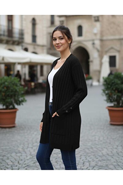 güncüoğlu Long Sleeve Pocketed Length 75cm Buttoned Cardigan