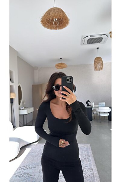 Buket Teke Black Square Neck Polyamide Blouse