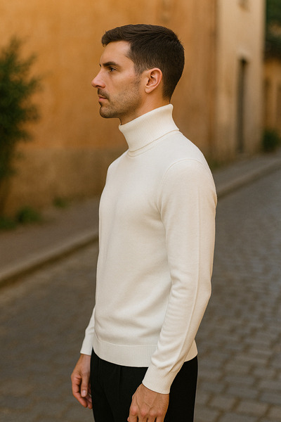 Maccali Men's Winter Trend Basic White Turtleneck Knit Sweater