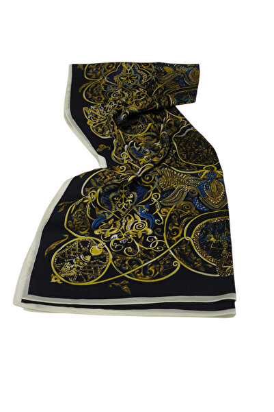PİRAMİT HERMES VUAL İPEK ŞAL KARIŞIK DESEN SİYAH MAVİ SARI