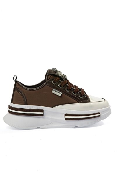 Mubiano Women's Parachute Sneaker Stone Detailed Thick Soled Brown Zeyra