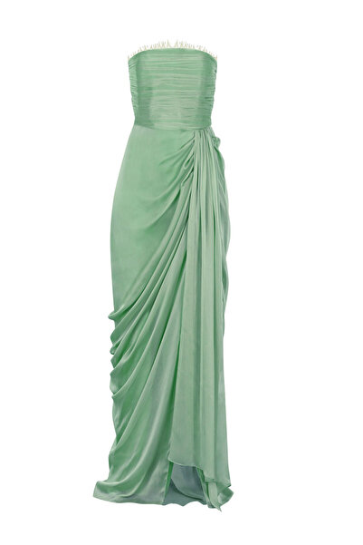 Urban Muse Dantel Detaylı Drapeli Yeşil Şifon Elbise