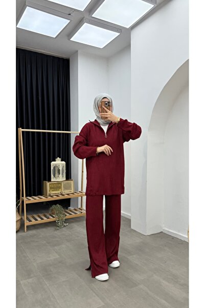 Minharir Basic Zipper Detailed Knitwear Set Comfortable Fit Stylish Hijab Two-Piece Set