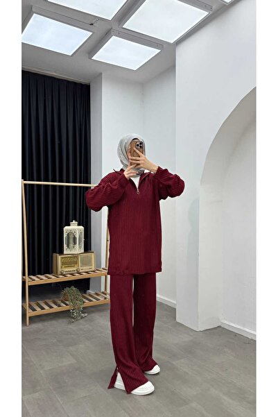 Minharir Basic Zipper Detailed Knitwear Set Comfortable Fit Stylish Hijab Two-Piece Set