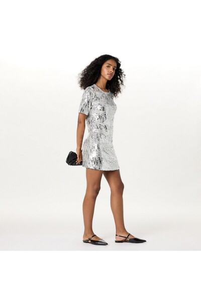 The Drop Women's short casual dress with long sleeves and sequins, silver, size S,