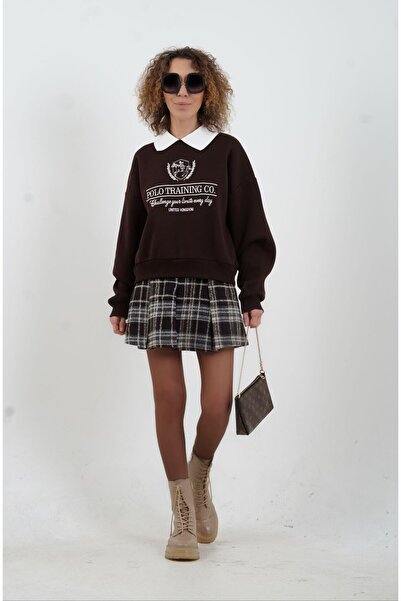 Zelish My Sister Coffee brown Paneled pleated plaid mini skirt