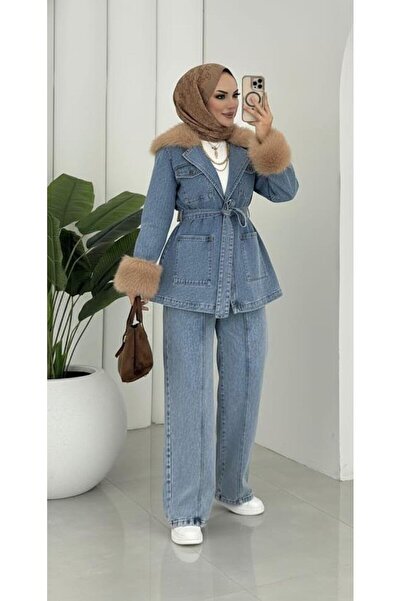 Hb Harma Time Butik Women's Belted Fur Detailed Pocketed Double Open Denim Blue Suit