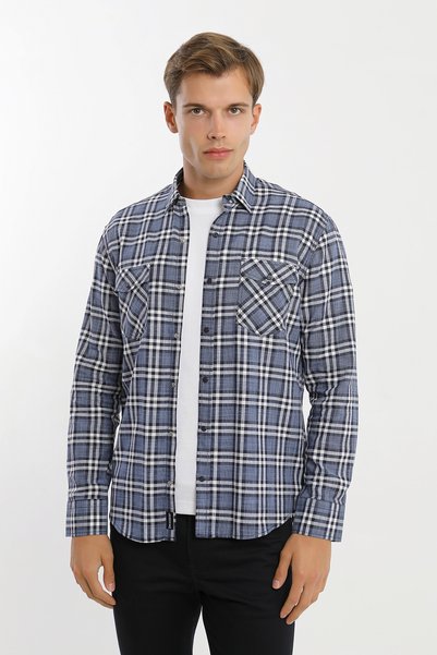 Smc by Semco Collar Buttoned Long Sleeve Snap Closure Double Pocket Flap Koton Plaid Men's Shirt