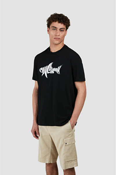 PAUL&SHARK Tricou negru cu mânecă scurtă, cu gât rotund, din bumbac, cu imprimeu de rechin, pentru bărbați 25411041-011