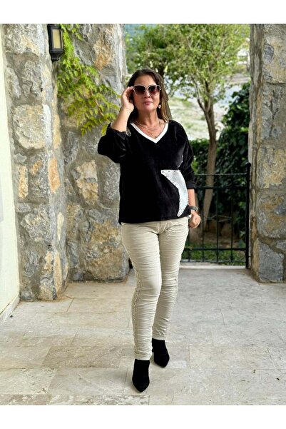 Punta Otantik LS1220 Ιταλική βελούδινη μπλούζα με μοτίβο αστεριών σε μπλε ναυτικό