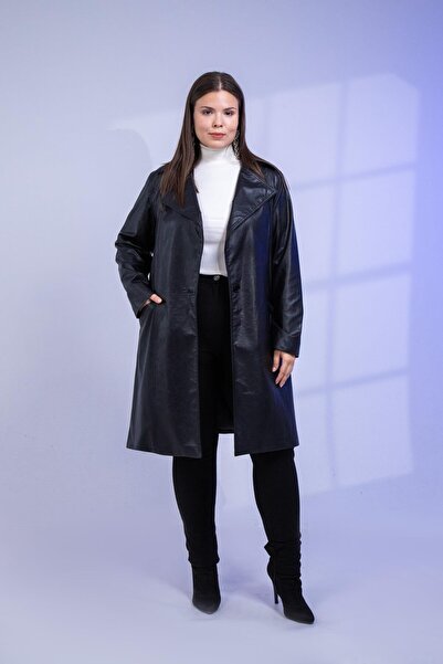 Roxxlen Μαύρο δερμάτινο μπουφάν με ζώνη μεγάλου μεγέθους Oscar