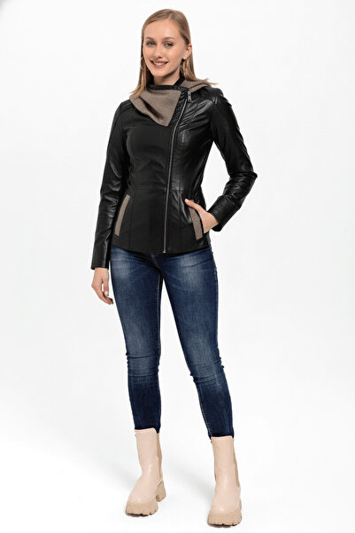 Deriderim Black Antonia Knitwear Hooded Women's Genuine Leather Coat